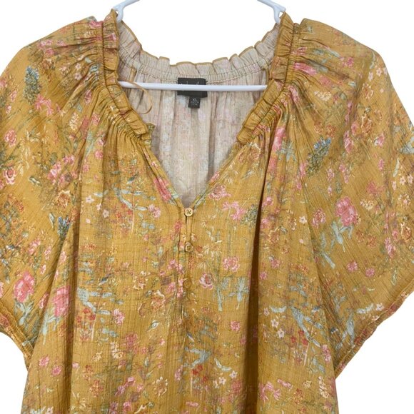 Wonderly Womens Mustard Yellow Boho Floral Blouse Size XL Short Ruffle V Neck - Picture 11 of 11